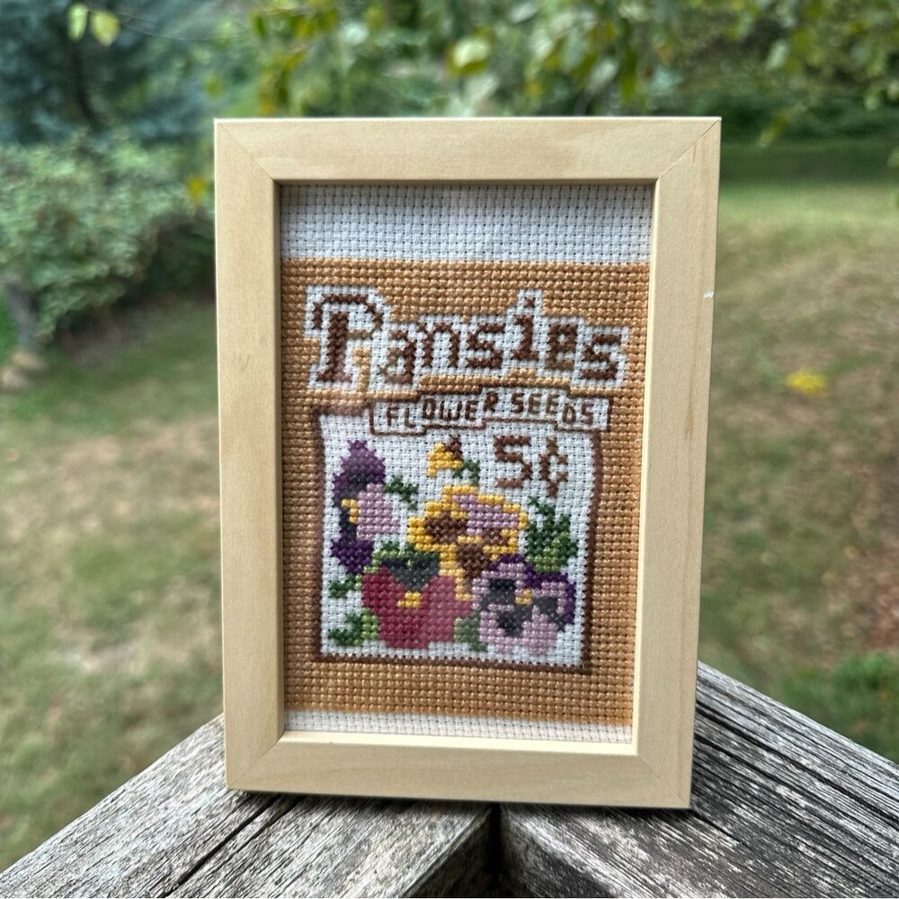Framed Pansies Flower Seeds Cross Stitch Needlepoint Art Cottagecore Vintage